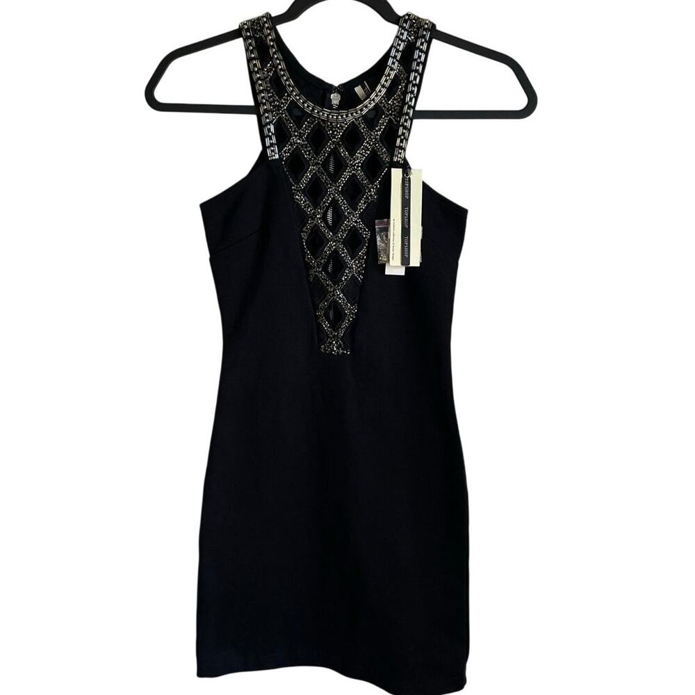 Topshop NWT Mini Bodycon Dress Black Beaded Cutout Bodice Sz 2 Flirty Glam